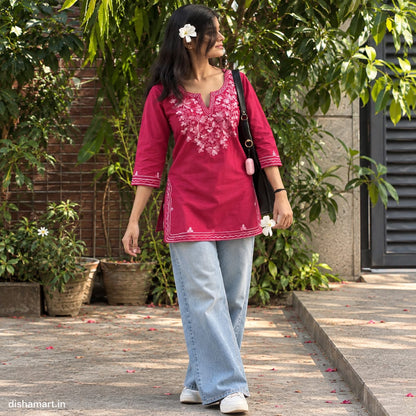 Pink Floral Short Kurti